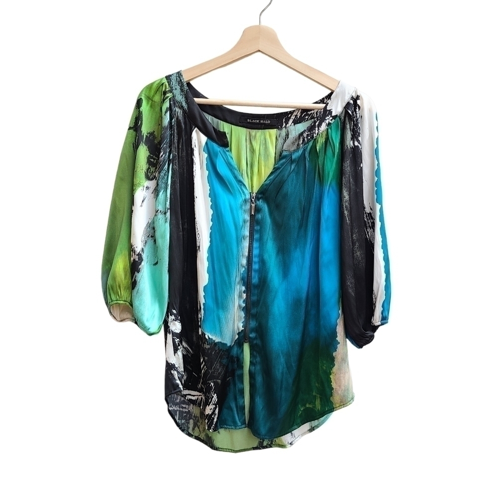Black Halo 100% Silk Zip Front Top, Size Small